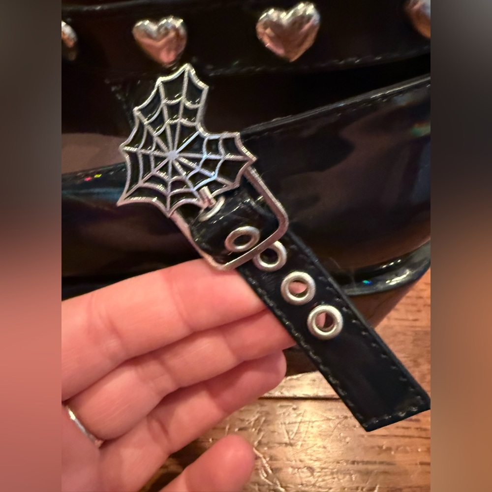 Black Platform Mary Janes Shoes with Spider Web Detail - Picture 2 of 10